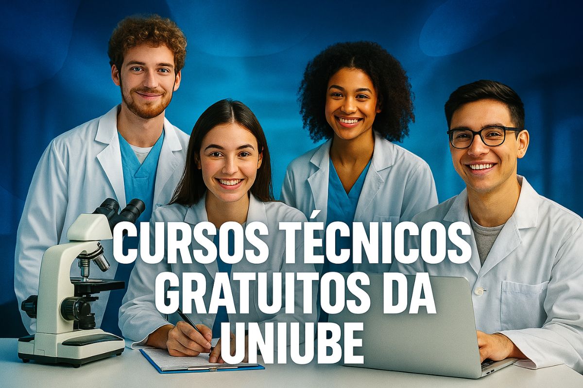 Arte digital mostra jovens em sala de aula prática com jalecos e equipamentos de laboratório, representando os cursos técnicos gratuitos da Uniube em Farmácia e Cuidados de Idosos.