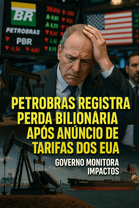 Executivo preocupado diante de queda nas ações da Petrobras após tarifas dos EUA, com gráficos financeiros e extração de petróleo ao fundo