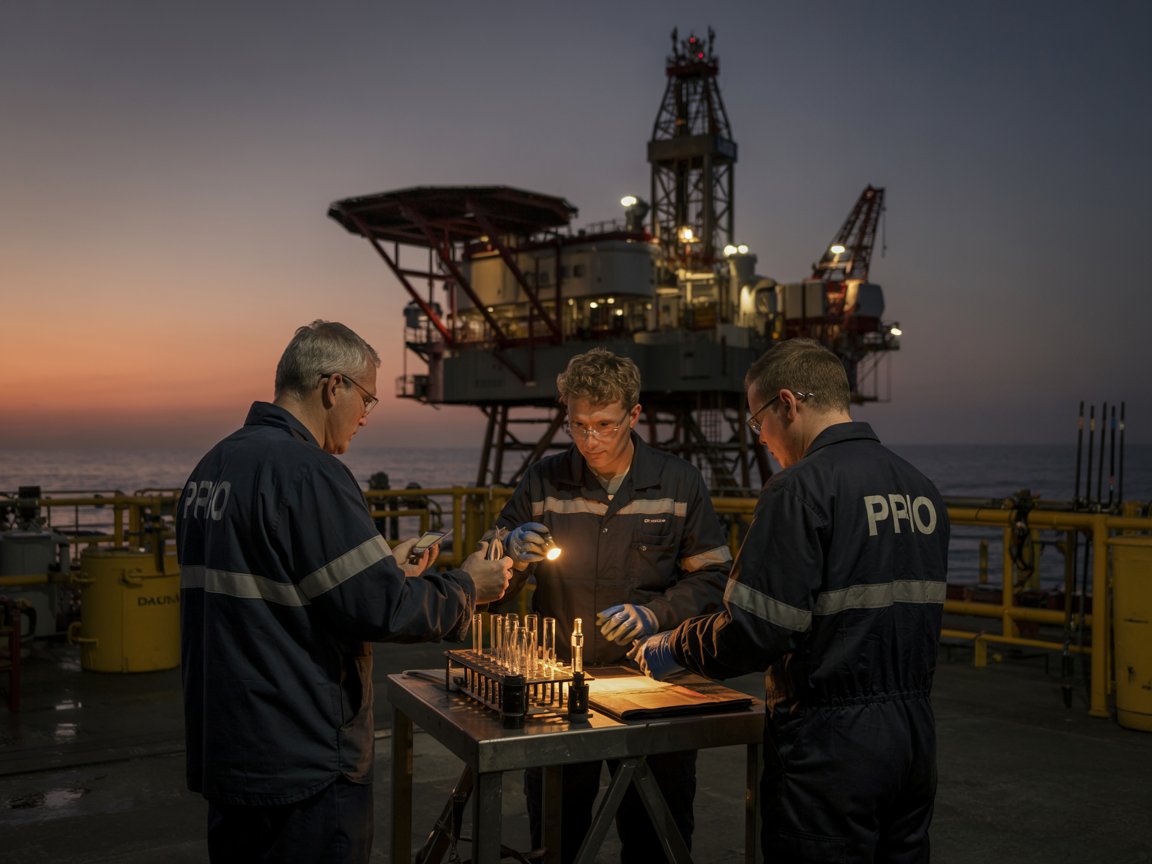 Técnicos da PRIO realizam análise de petróleo em plataforma offshore ao entardecer, com destaque para operação no setor de óleo e gás.