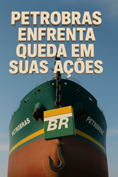 Navio da Petrobras com corrente sustentando bloco com logotipo BR, simbolizando queda nas ações da empresa.