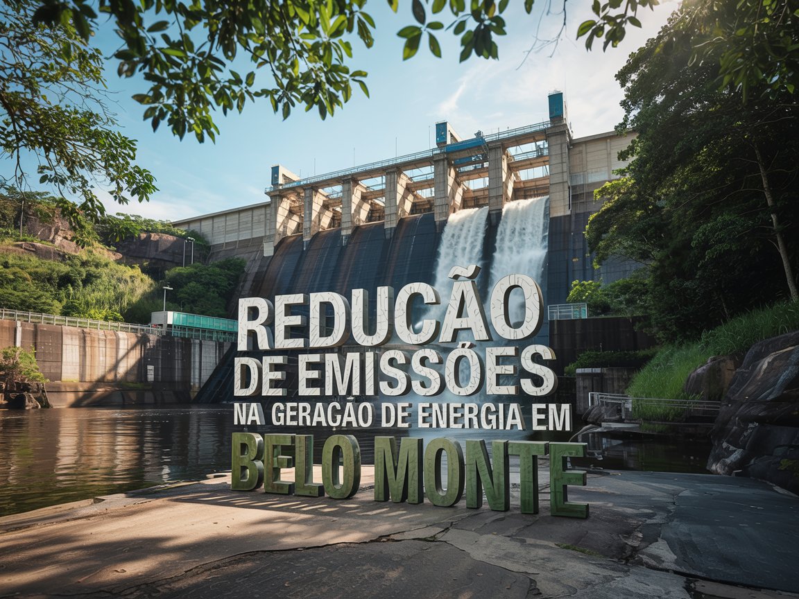Vista da Usina Hidrelétrica de Belo Monte com mensagem sobre redução de emissões na geração de energia renovável.
