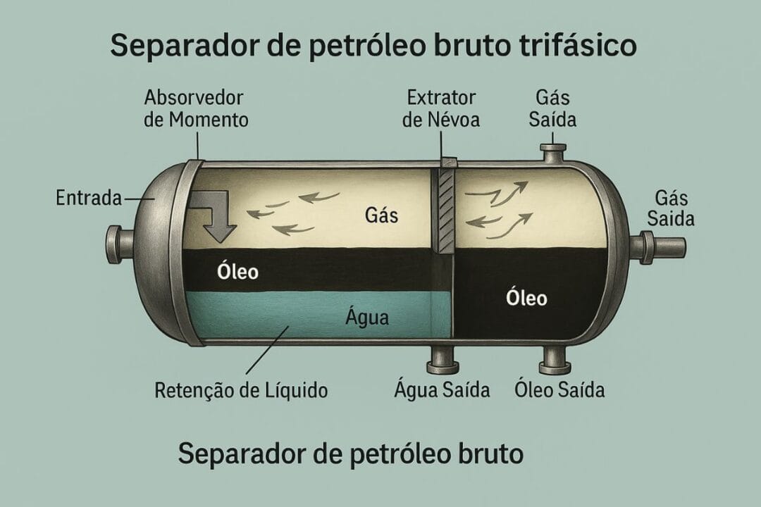 Separador de petróleo bruto trifásico separa óleo, gás e água logo após a extração. Tecnologia melhora a eficiência e protege os sistemas industriais