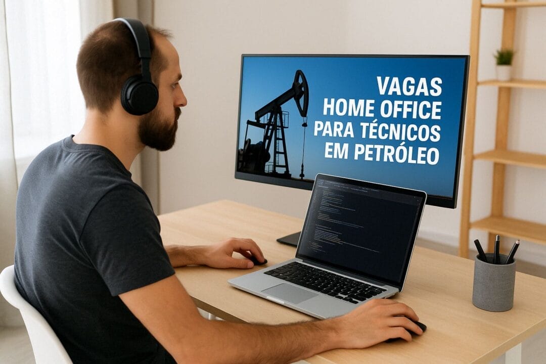 Técnico de petróleo trabalhando em home office com anúncio na tela sobre vagas remotas no setor de óleo e gás