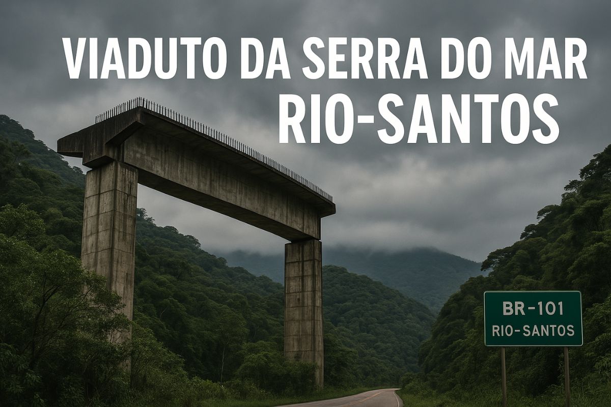 Imagem mostra estrutura inacabada de concreto cercada por mata fechada na Serra do Mar, com placa da BR-101 ao fundo e céu nublado, retratando o abandono da obra.