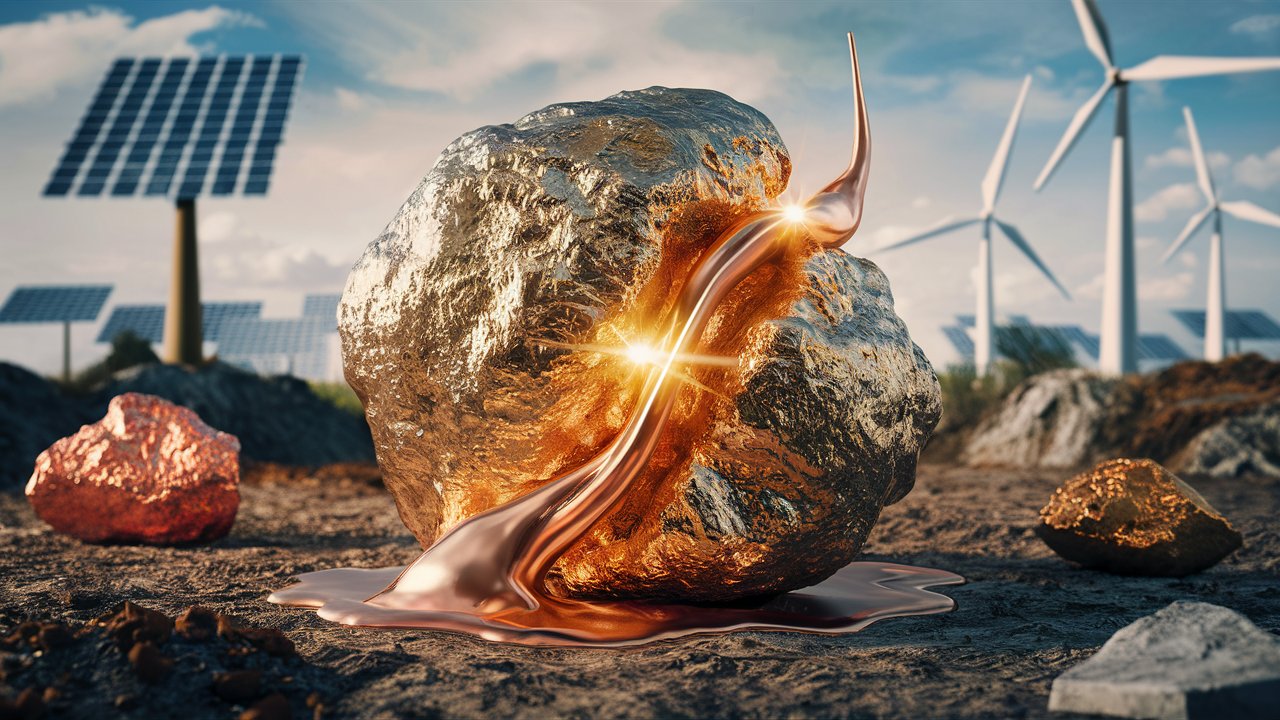 Representação artística de cobre em estado bruto com painéis solares e turbinas eólicas ao fundo, simbolizando sua importância na transição energética.