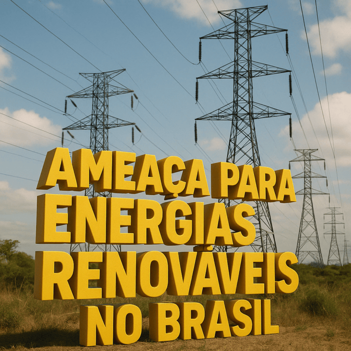 Torres de transmissão de energia sob céu azul com a frase em 3D "Ameaça para energias renováveis no Brasil" em destaque.