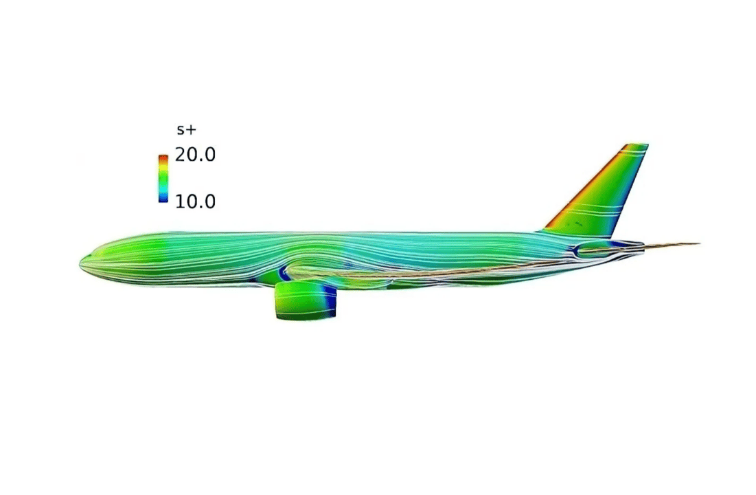 Simulação de fluxo de ar ao redor de um avião comercial com coloração indicando níveis de resistência, usada para testar eficiência aerodinâmica.