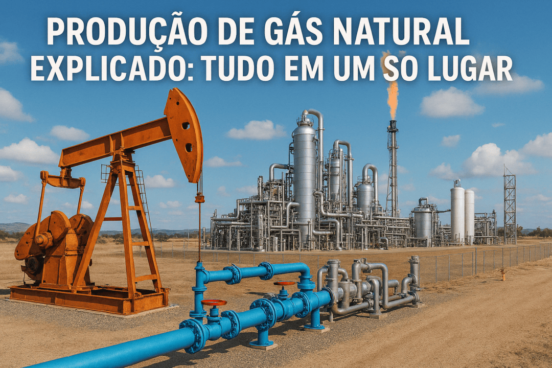 Plataforma de extração de gás natural com unidade de processamento ao fundo e dutos azuis em destaque, sob céu azul claro.