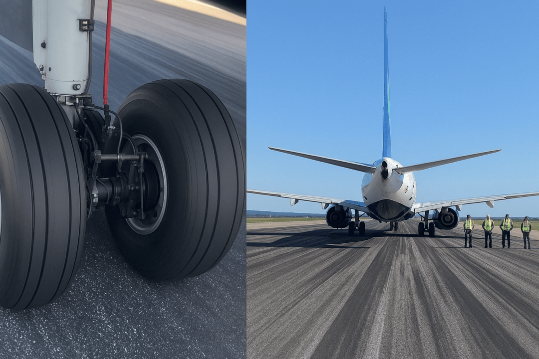 Imagem dividida mostrando à esquerda o close das rodas de um avião em contato com a pista, e à direita a parte traseira de uma aeronave com equipe técnica na pista de pouso.