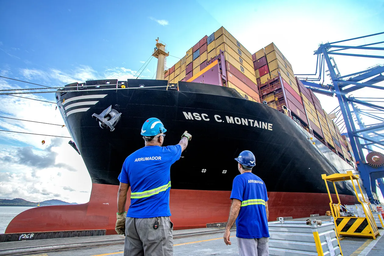 Trabalhadores portuários observam navio porta-contêiner MSC C. Montaine atracado no Porto de Paranaguá durante operação de carga.
