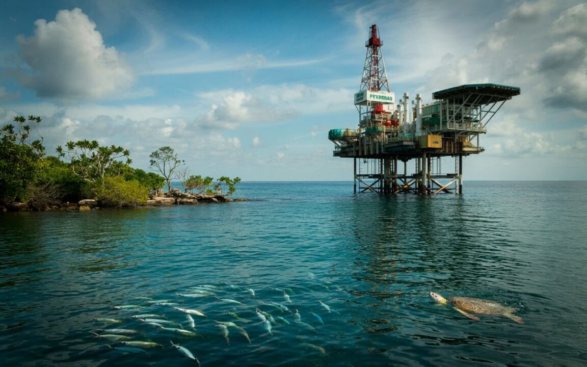 Plataforma da Petrobras na Margem Equatorial com vegetação nativa e vida marinha ao redor