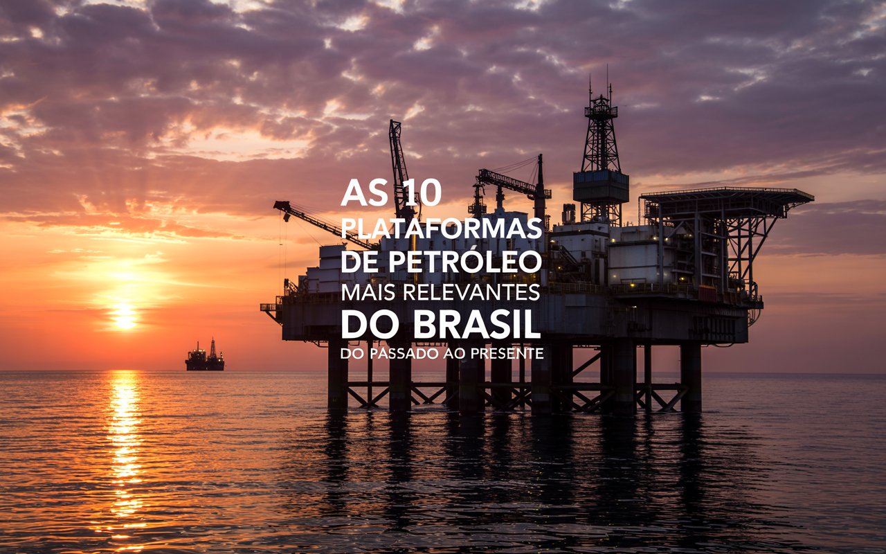 Mosaico com imagens realistas das principais plataformas de petróleo do Brasil, do passado ao pré-sal