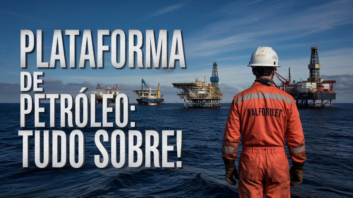 Trabalhador observa plataforma offshore de petróleo no oceano com texto "PLATAFORMA DE PETRÓLEO: TUDO SOBRE