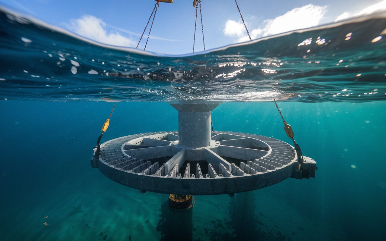 França instala turbinas submersas de 24 metros movidas por energia das marés com investimento de €31,3 milhões; cada unidade é montada em apenas 20 minutos
