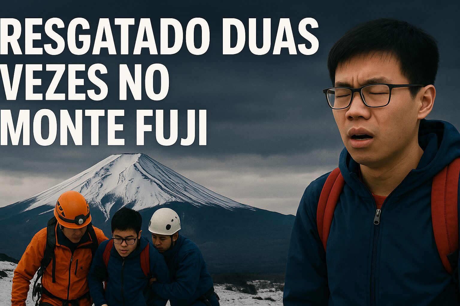 Jovem exausto sendo resgatado por uma equipe de alpinistas no Monte Fuji, com a montanha coberta de neve ao fundo e céu nublado.