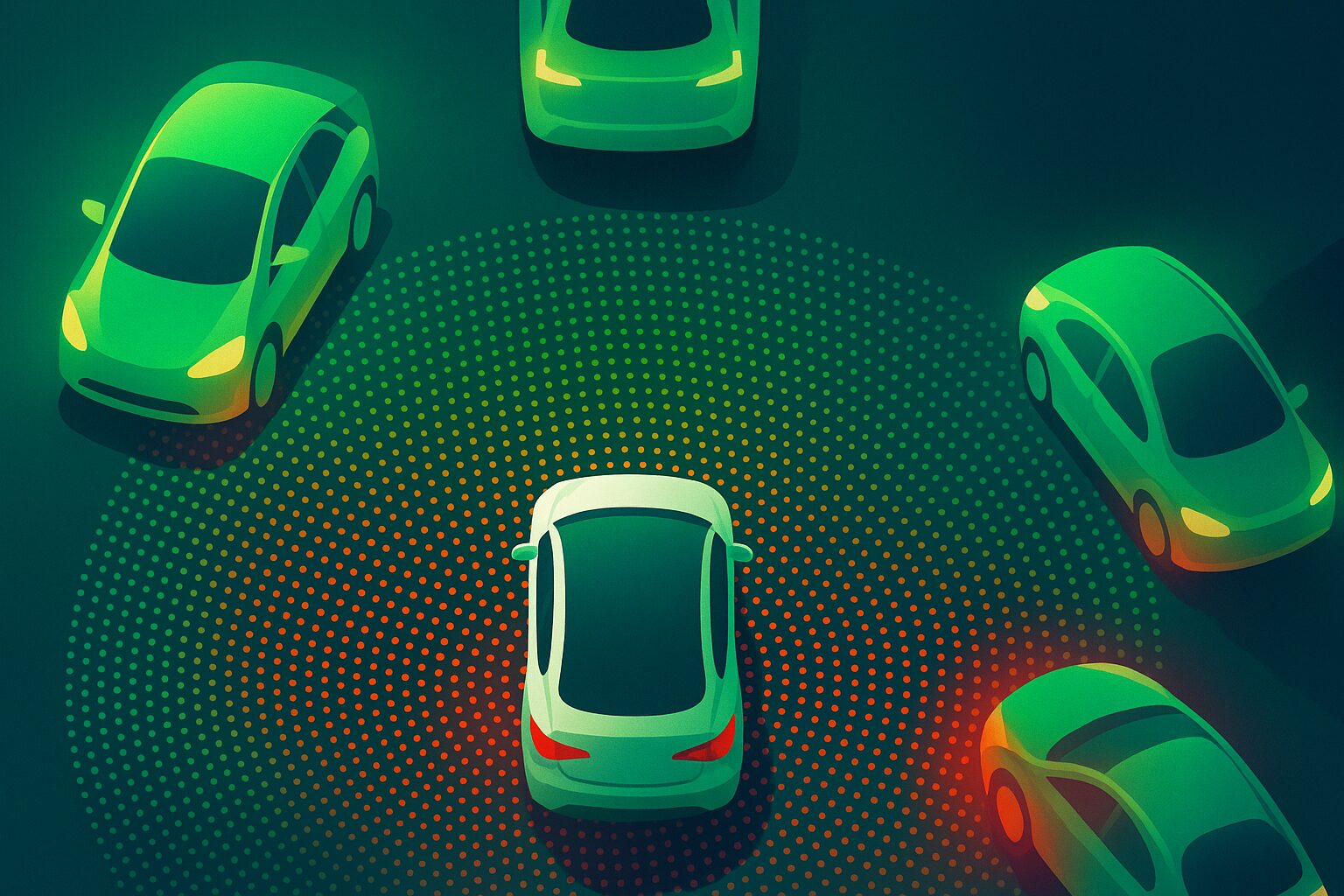 Ilustração de carros autônomos em movimento, com um deles no centro cercado por uma rede de pontos coloridos representando sensores e comunicação de dados em tempo real.