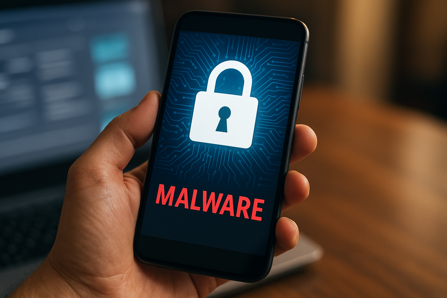 Smartphone exibindo alerta de malware, representando risco de segurança digital.