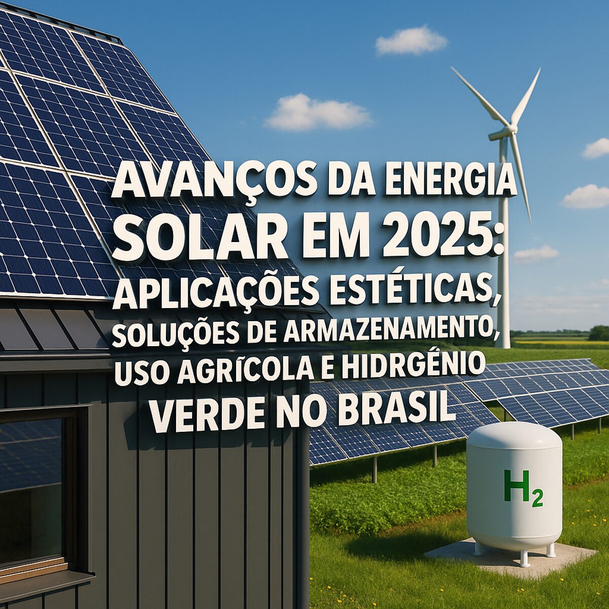 Painéis solares modernos com turbina eólica e tanque de hidrogênio verde ao fundo em cenário rural brasileiro