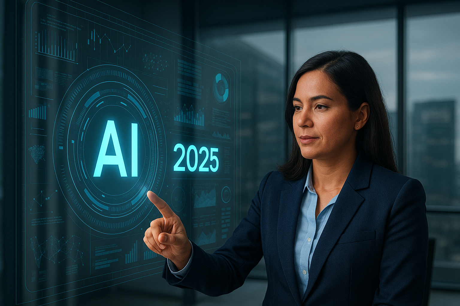 Executiva brasileira com traje formal interage com interface de inteligência artificial em escritório moderno