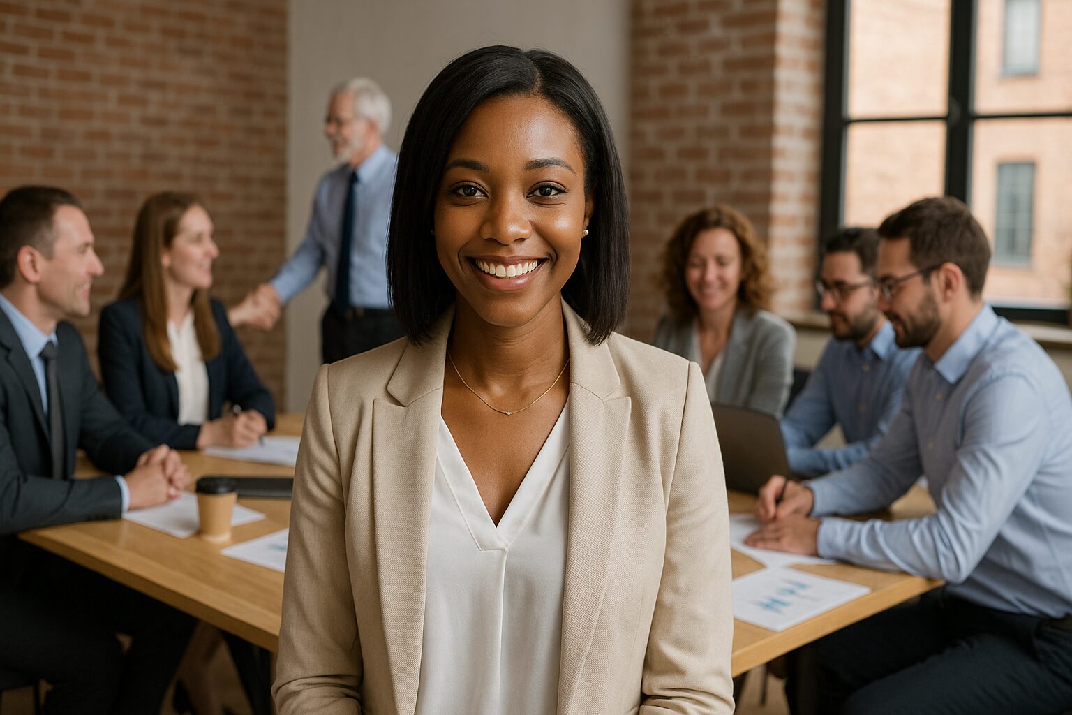 Mulher negra sorrindo em destaque, com equipe de profissionais reunida em segundo plano em um ambiente de escritório moderno.
