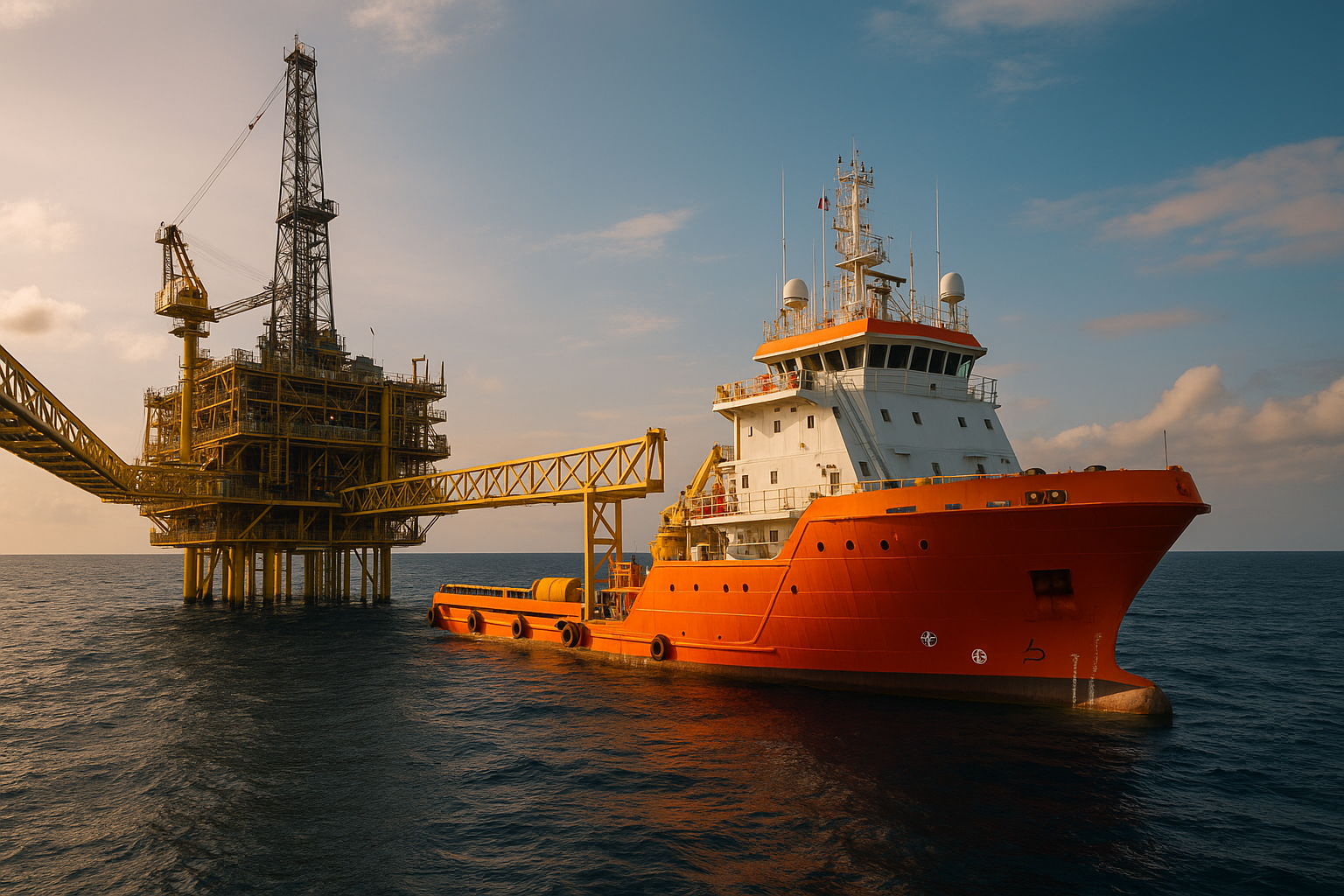 Plataforma de petróleo offshore e navio de apoio da indústria naval em alto-mar ao pôr do sol.