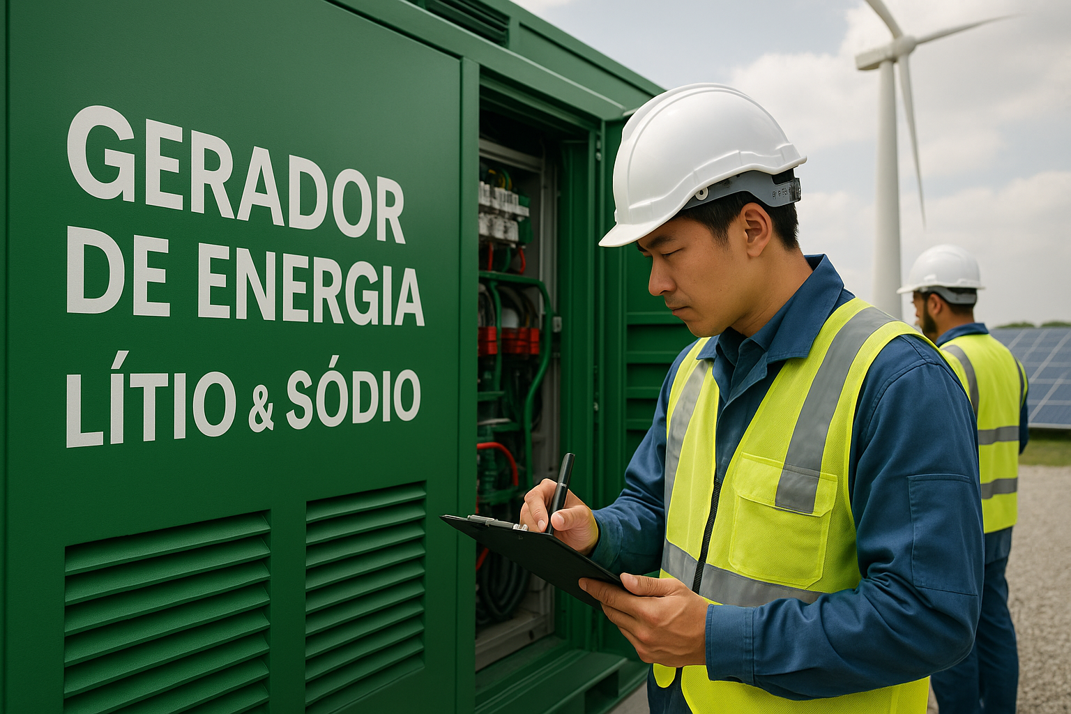 Técnicos inspecionam gerador de energia híbrido com baterias de lítio e sódio ao lado de turbinas eólicas