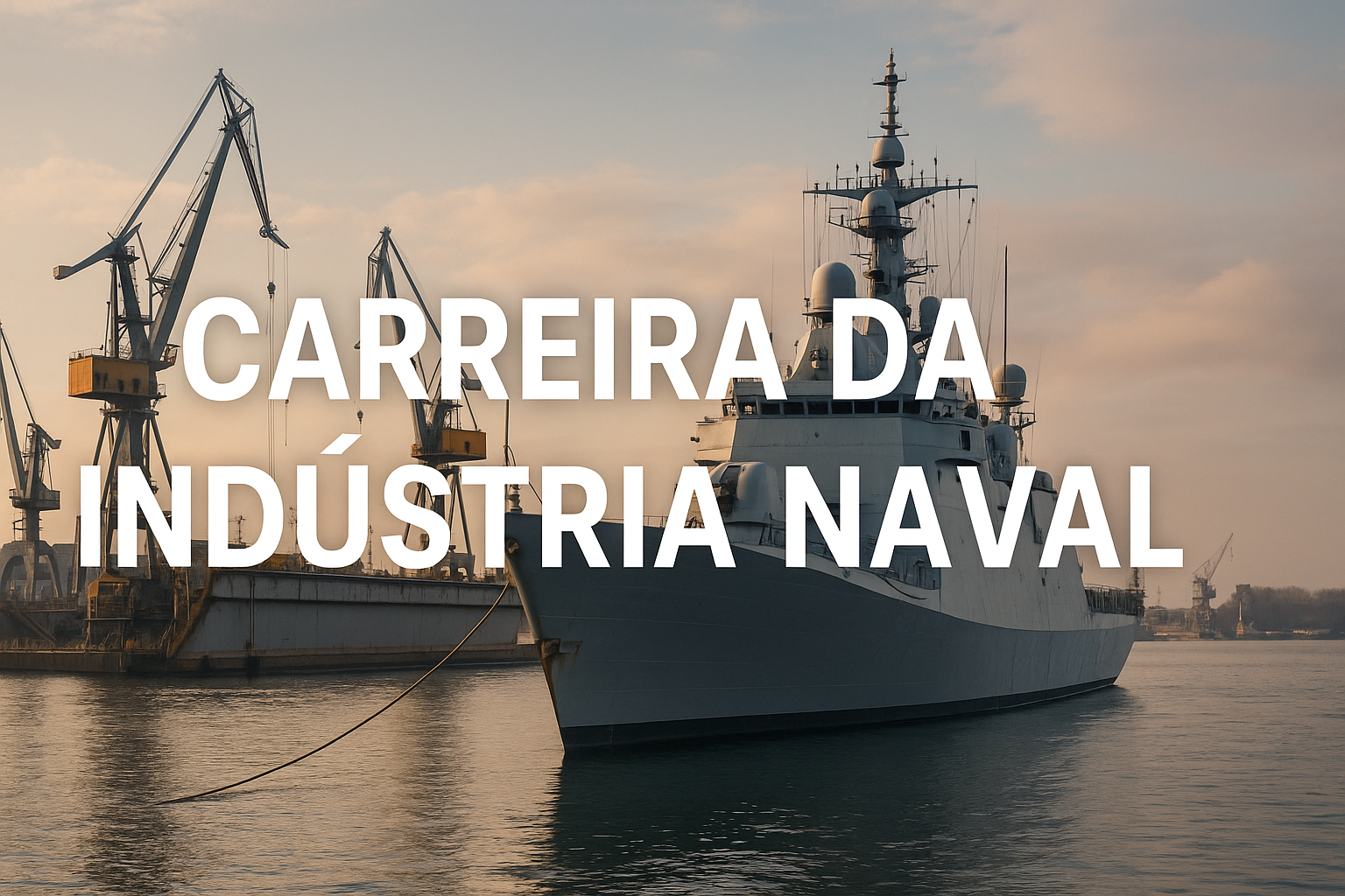 Navio militar ancorado em estaleiro com guindastes ao fundo ao entardecer, representando a indústria naval.