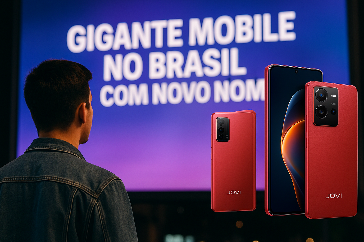 Pessoa observa lançamento da marca Jovi com smartphone 5G em destaque