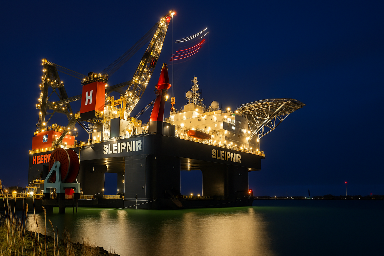 Com braços de 40 metros e força de 1.500 homens, este guindaste colosso é usado para erguer peças gigantes na construção de navios de guerra e megaestruturas offshore