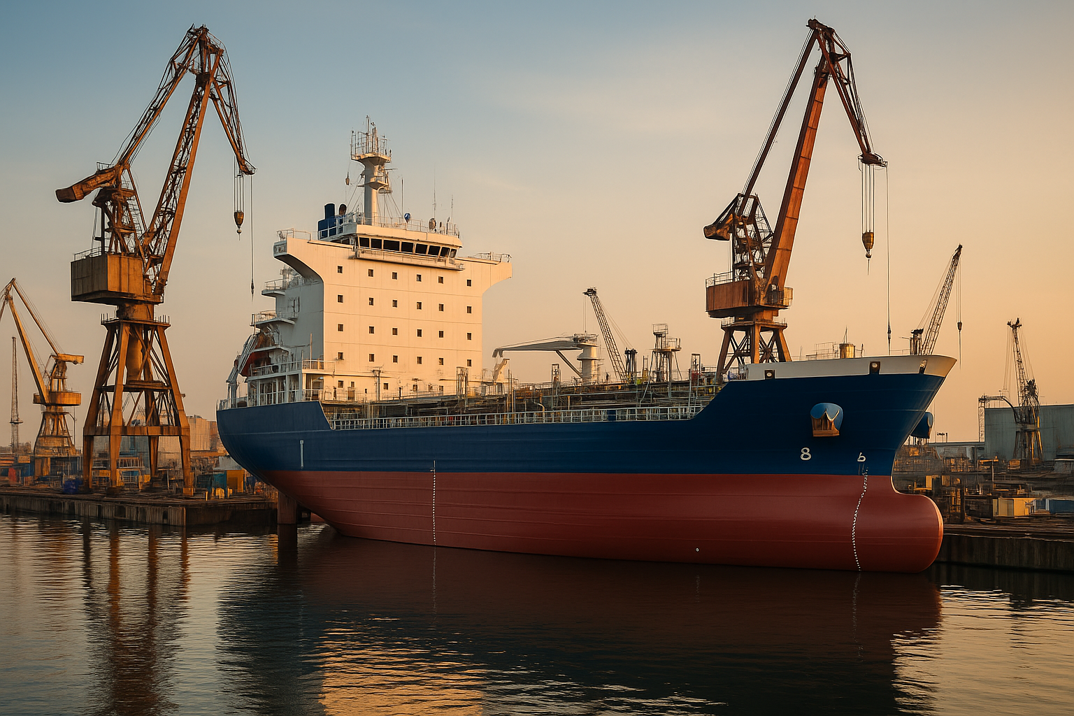 Navio cargueiro atracado em estaleiro com guindastes ao pôr do sol
