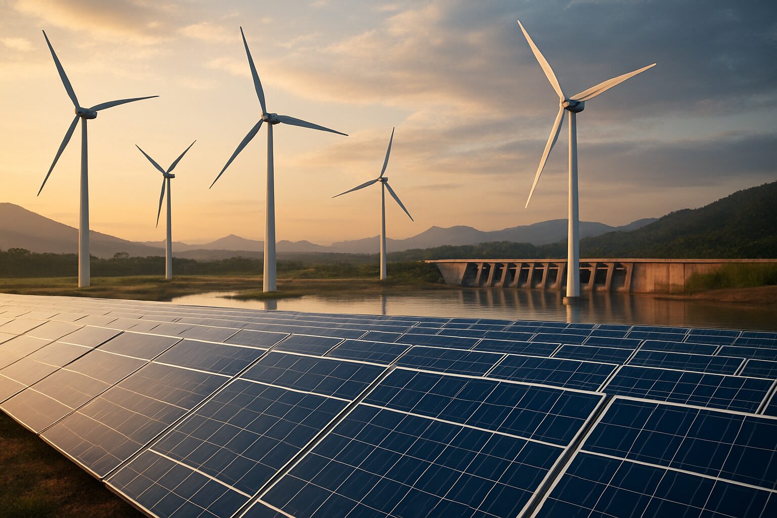 Painel solar, turbinas eólicas e usina hidrelétrica em uma paisagem montanhosa ao entardecer, representando fontes de energia renovável.