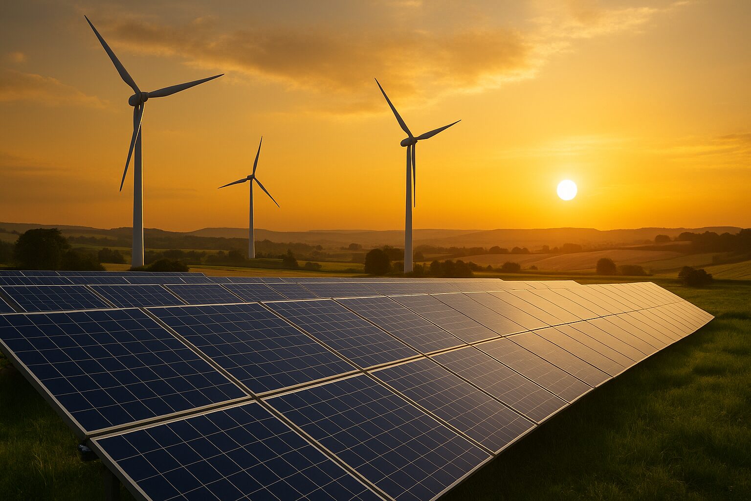 Painéis solares e turbinas eólicas ao pôr do sol simbolizando o futuro da energia renovável.