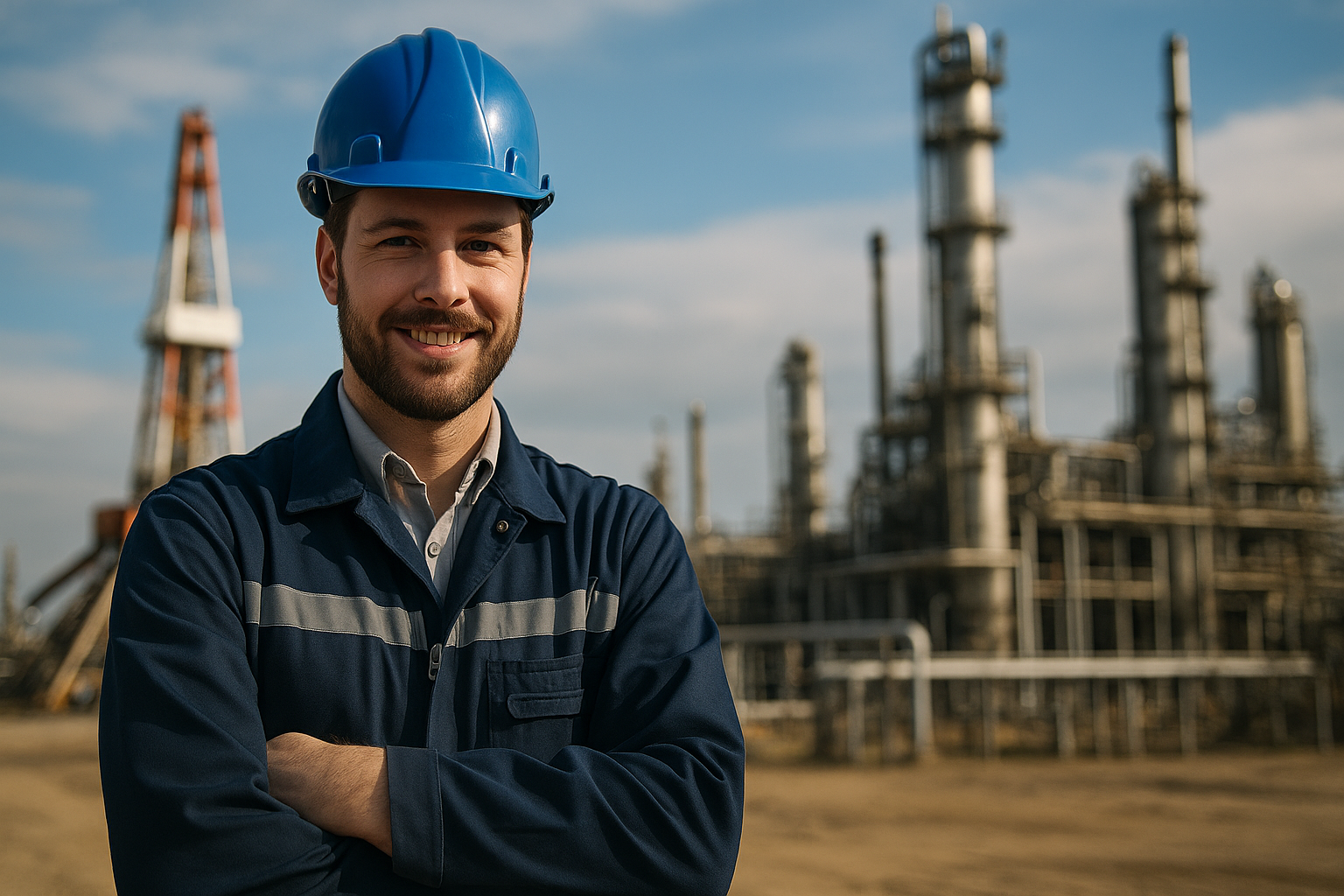 Trabalhador do setor de petróleo e gás sorrindo com refinaria ao fundo.