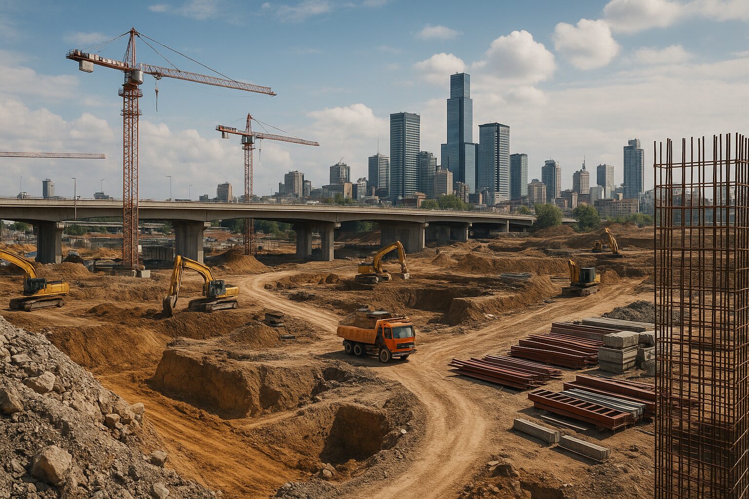 Obras de infraestrutura urbana com escavadeiras, guindastes e caminhões em meio a uma cidade moderna ao fundo.