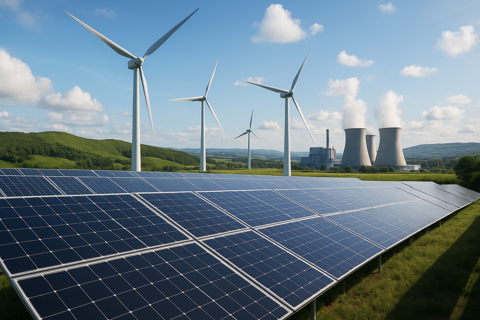 Painéis solares e turbinas eólicas em um campo verde com usina ao fundo, simbolizando os benefícios da energia renovável.