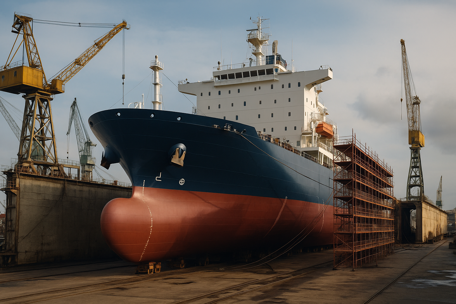 Navio cargueiro em construção em estaleiro, com guindastes ao redor e estrutura metálica de apoio.