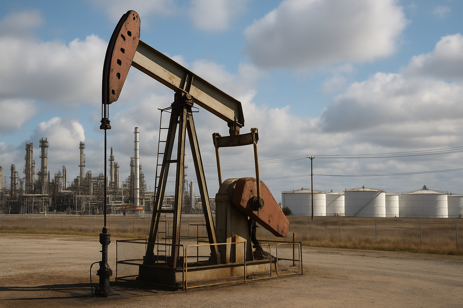 Bomba de extração de petróleo em frente a uma refinaria com tanques de armazenamento ao fundo sob céu parcialmente nublado.