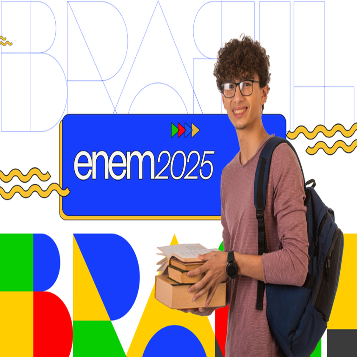 Estudante sorridente com livros e mochila ao lado do letreiro “ENEM 2025” com fundo colorido inspirado nas cores do Brasil