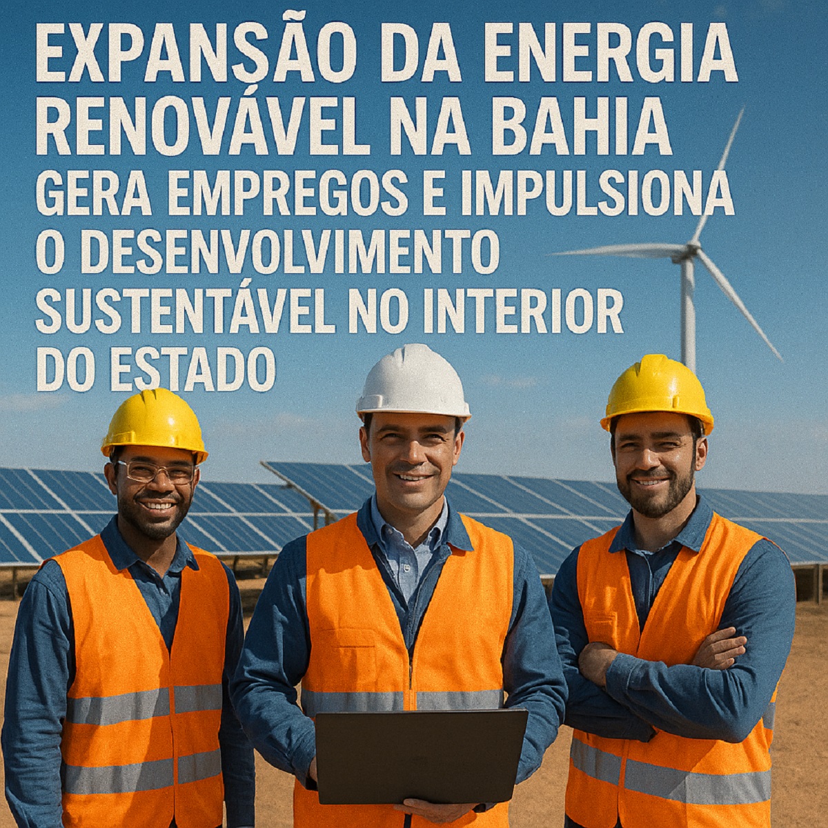 Trabalhadores da energia renovável na Bahia diante de painéis solares e turbina eólica, simbolizando empregos e desenvolvimento sustentável