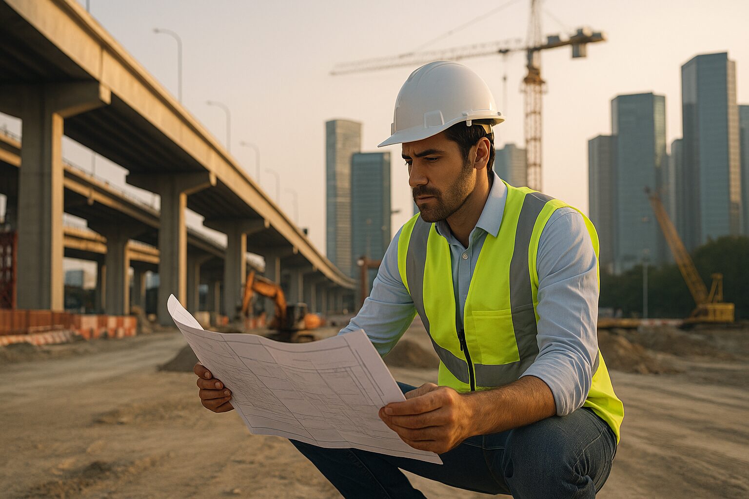 Engenheiro analisando planta em canteiro de obras com viadutos e arranha-céus ao fundo durante o pôr do sol.