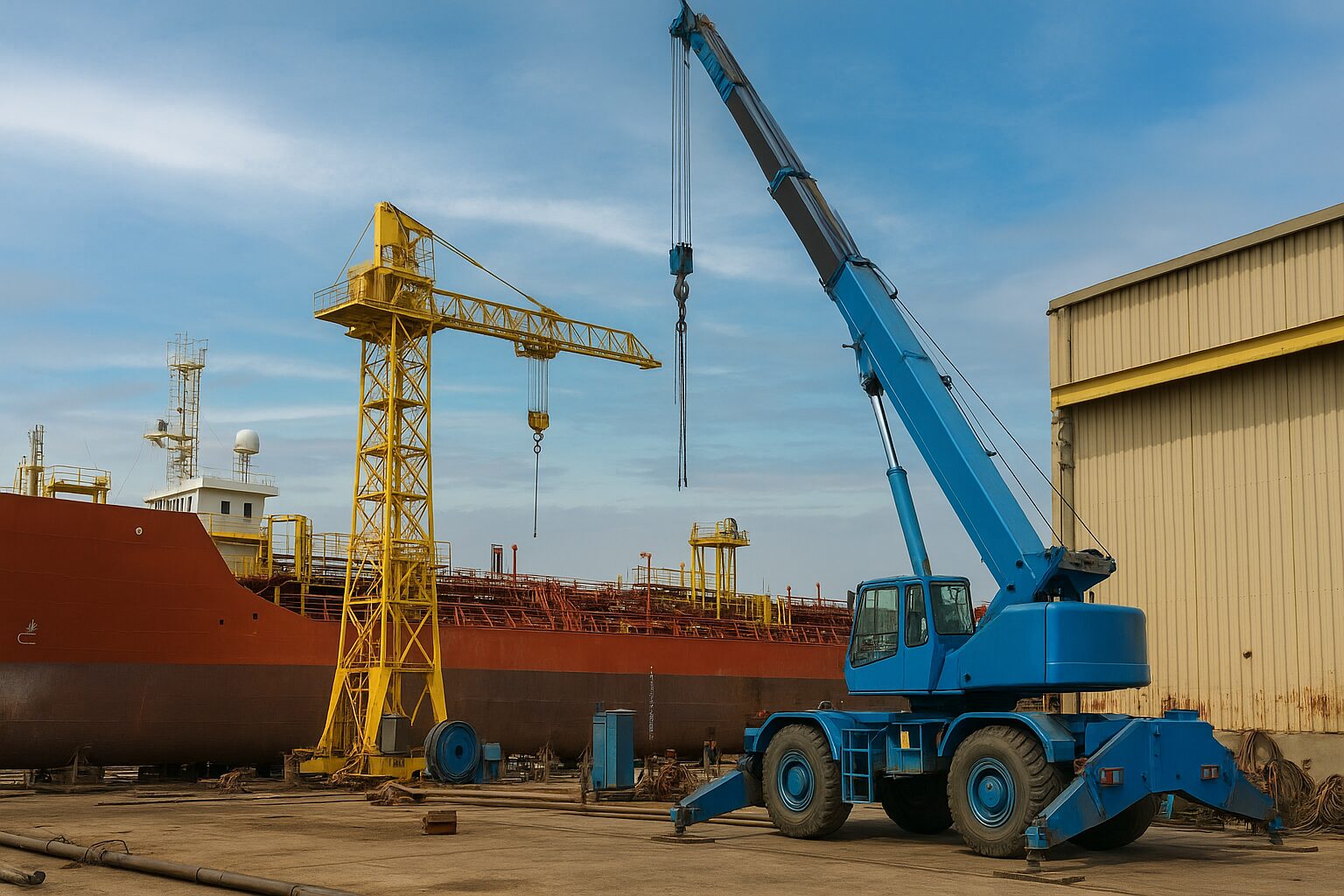 Equipamentos de indústria naval em estaleiro com guindaste azul e navio cargueiro vermelho em manutenção.