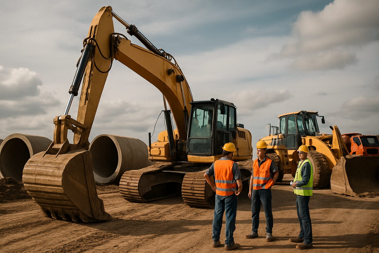 Imagem realista mostrando equipamentos de infraestrutura em uso em um canteiro de obras, com trabalhadores atuando em ambiente industrial.