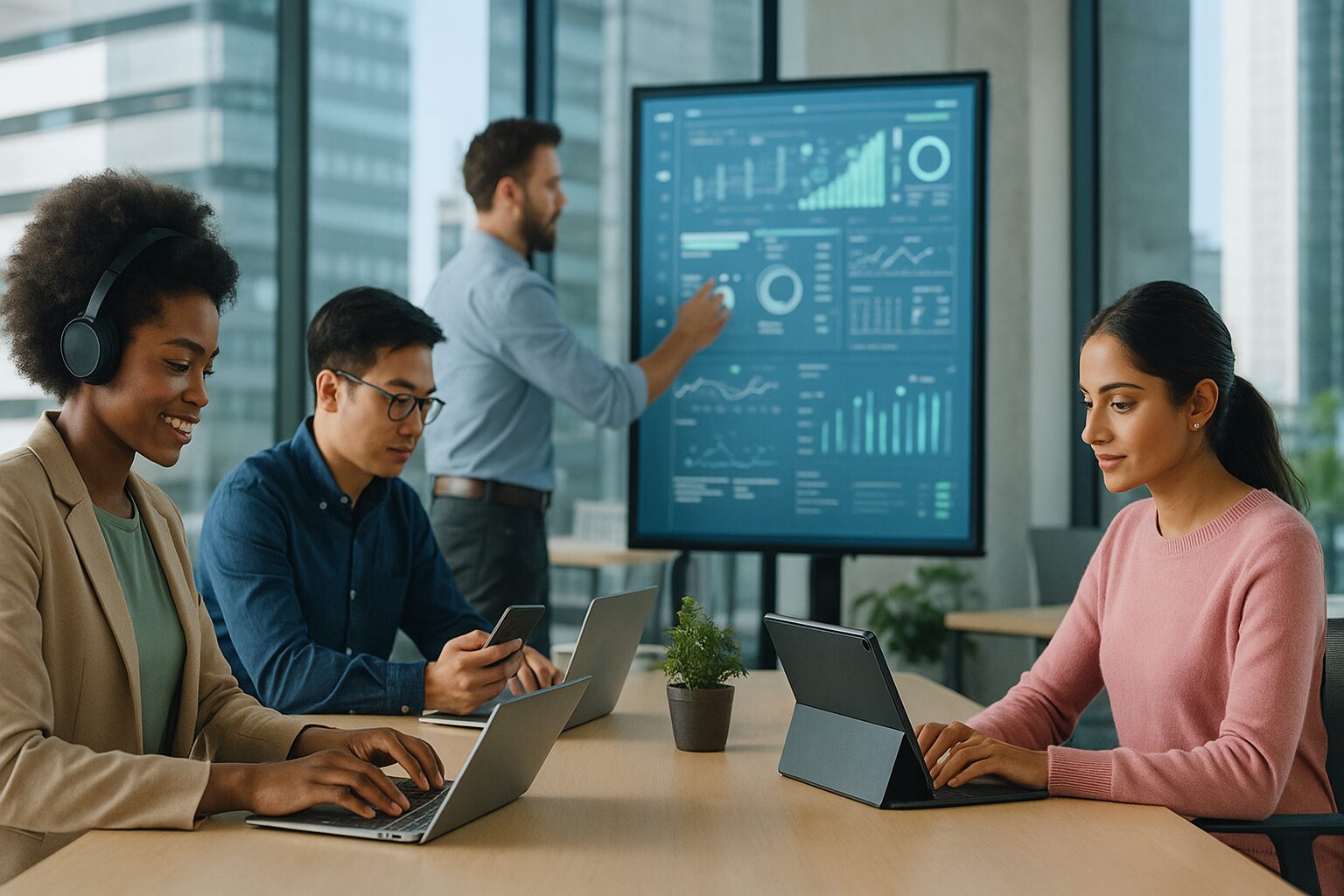 Profissionais diversos trabalhando juntos em um escritório moderno com tecnologia digital e gráficos em tempo real ao fundo.