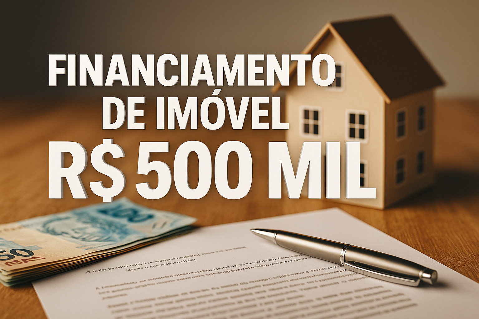 Miniatura de casa com dinheiro e contrato de financiamento sobre mesa de madeira