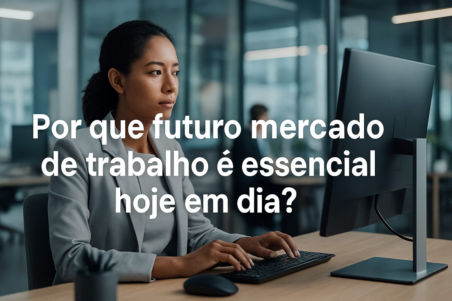 Mulher jovem trabalhando em um escritório moderno com a frase "Por que futuro mercado de trabalho é essencial hoje em dia?" sobreposta.
