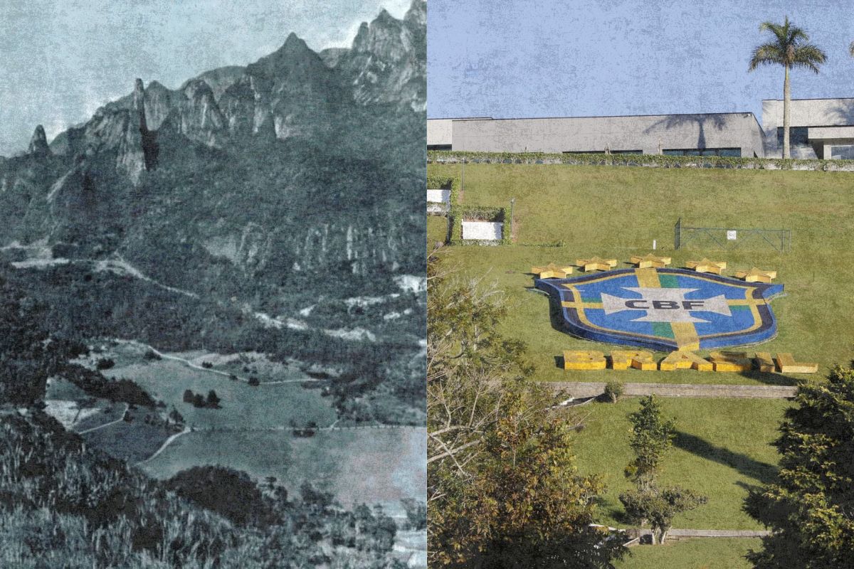 Imagem dividida: à esquerda, foto histórica em preto-e-branco da Fazenda Comary com a Serra dos Órgãos; à direita, gramado do CT da CBF com o escudo gigante da Seleção Brasileira.