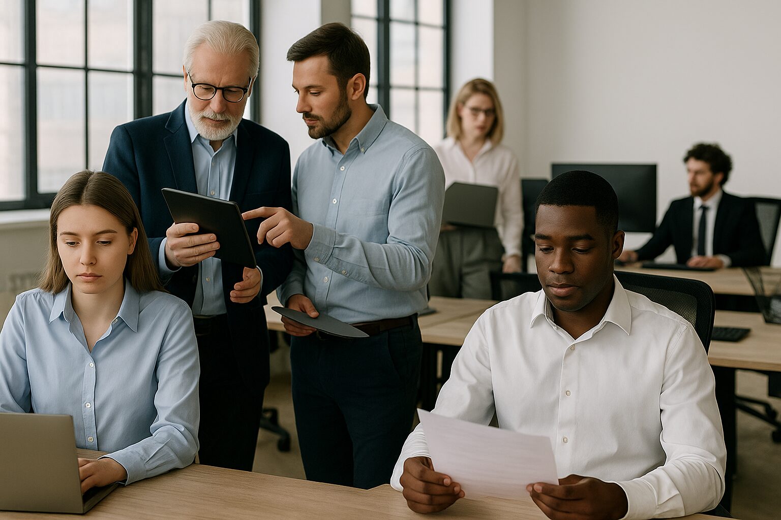 Profissionais em um escritório moderno trabalhando em equipe e analisando documentos.