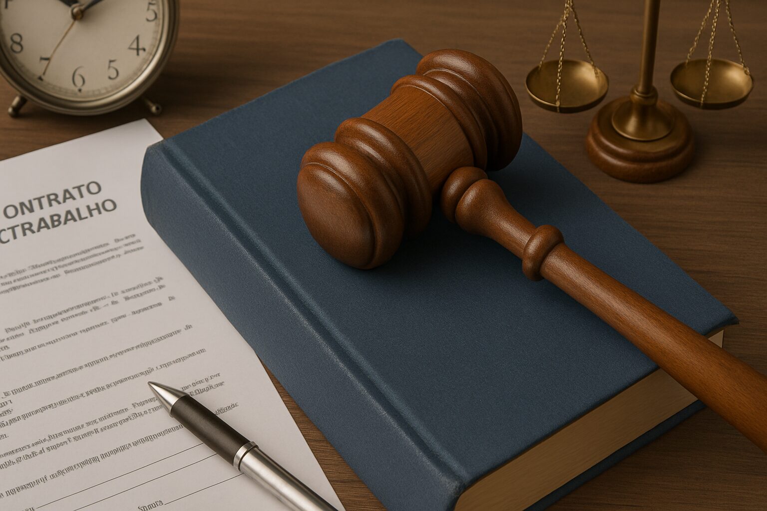 Mesa com objetos relacionados ao direito trabalhista, incluindo um martelo de juiz, um livro de leis e um capacete amarelo de segurança.