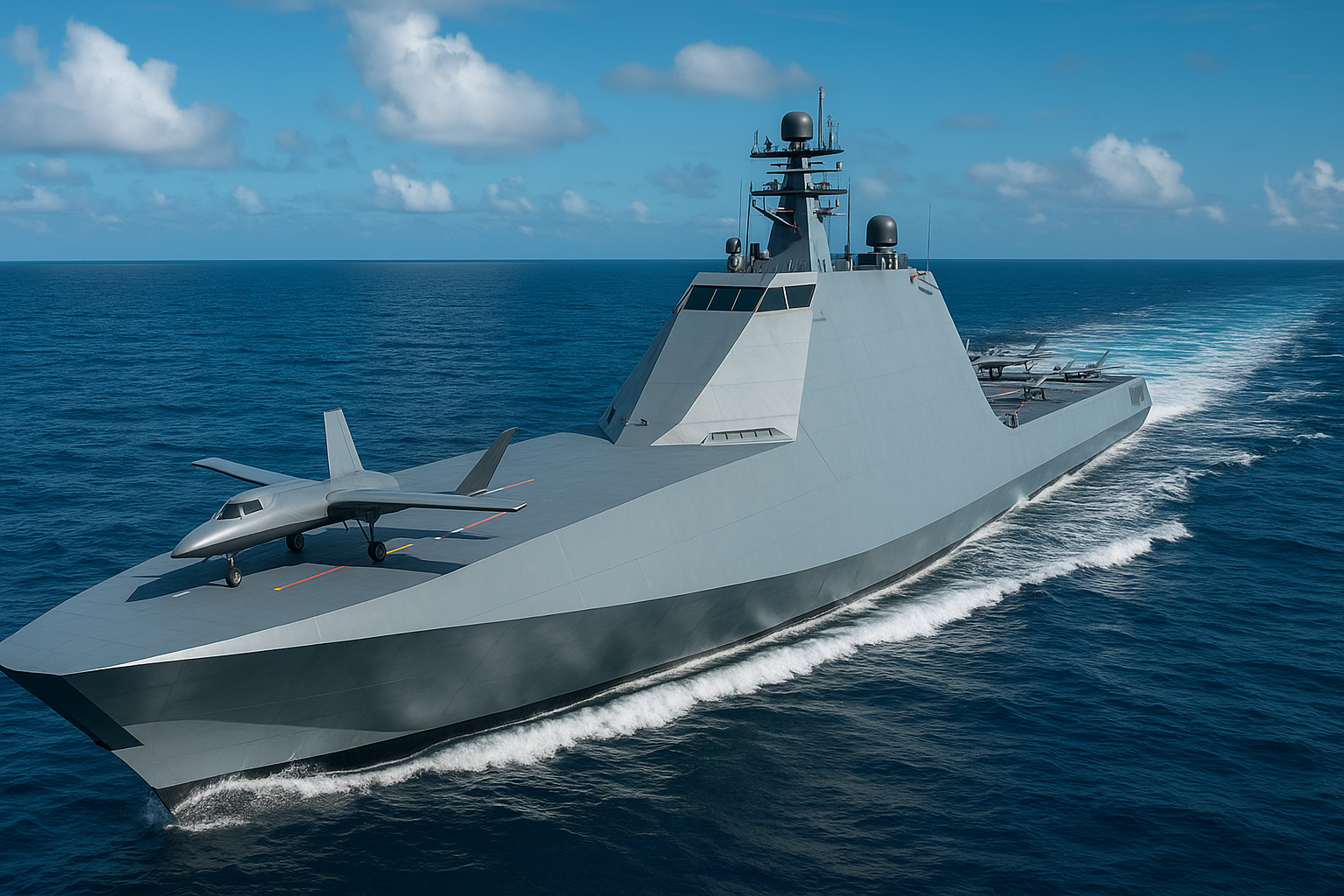 Navio porta-drones da Hyundai HCX-23 Plus em operação no oceano com design stealth e UAVs no convés