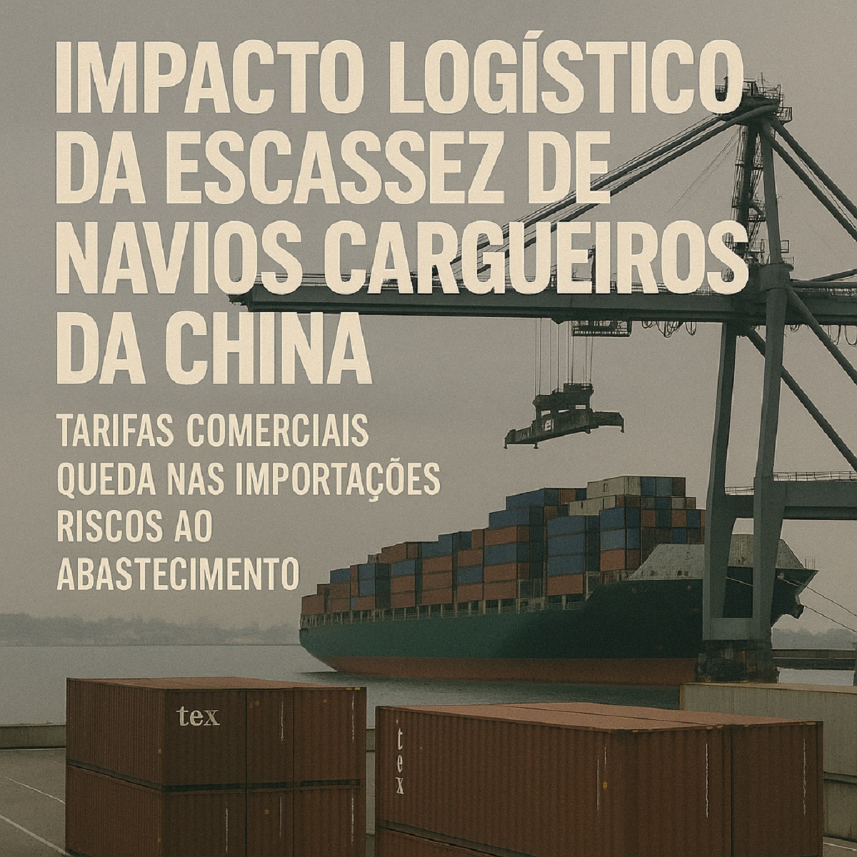 Contêineres empilhados e navio cargueiro atracado sob guindaste portuário, com manchete sobre escassez de navios chineses e impactos logísticos nos EUA.